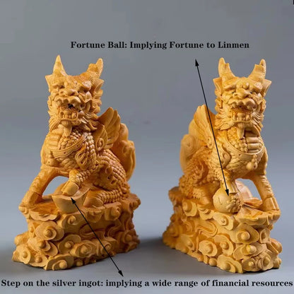 Wood Carving 10cm Kirin Mascot Statue Solid Wood Art Carving Chinese God Beast Animal Wood Statue Home Room, Office Car Decor