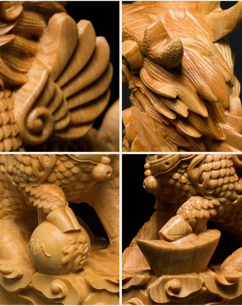 Wood Carving 10cm Kirin Mascot Statue Solid Wood Art Carving Chinese God Beast Animal Wood Statue Home Room, Office Car Decor
