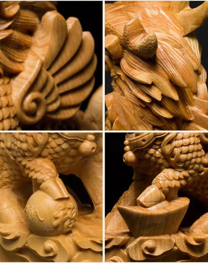 Wood Carving 10cm Kirin Mascot Statue Solid Wood Art Carving Chinese God Beast Animal Wood Statue Home Room, Office Car Decor