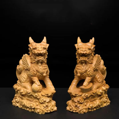 Wood Carving 10cm Kirin Mascot Statue Solid Wood Art Carving Chinese God Beast Animal Wood Statue Home Room, Office Car Decor