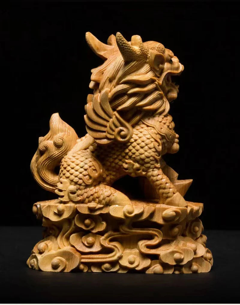 Wood Carving 10cm Kirin Mascot Statue Solid Wood Art Carving Chinese God Beast Animal Wood Statue Home Room, Office Car Decor