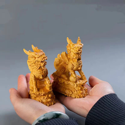 Wood Carving 10cm Kirin Mascot Statue Solid Wood Art Carving Chinese God Beast Animal Wood Statue Home Room, Office Car Decor
