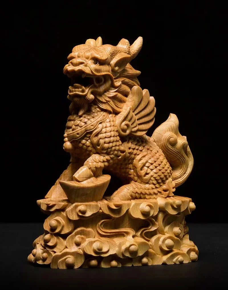 Wood Carving 10cm Kirin Mascot Statue Solid Wood Art Carving Chinese God Beast Animal Wood Statue Home Room, Office Car Decor