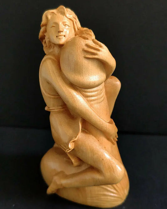 Wood Carving Body Art Beauty Statue Beautiful Figure Lady and Ding Ding EROT Sculpture Desktop Home Décor