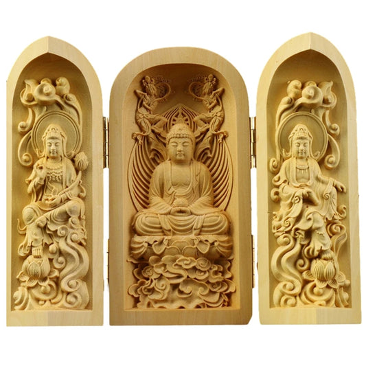Wood Carving Boxwood Buddha Figurine 3 Open Folding Buddha Statue Sculpture Craft Buddhist Room Decor Home Decoration Ornament