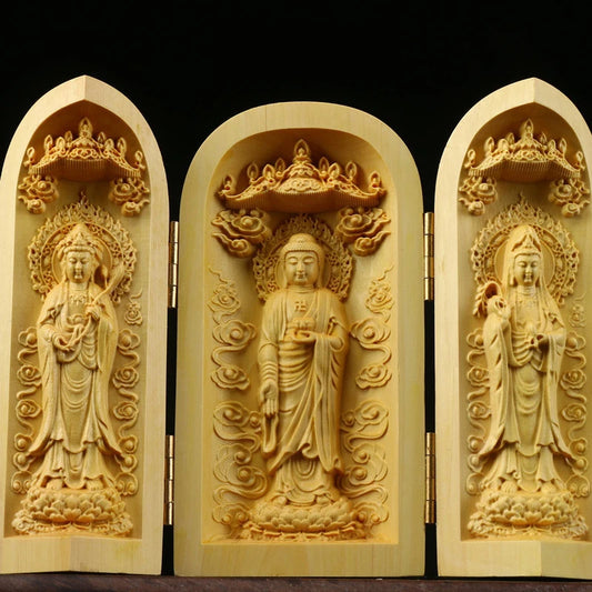 Wood Carving Boxwood Buddha Figurine 3 Open Folding Buddha Statue Sculpture Craft Buddhist Room Decor Home Decoration Ornament