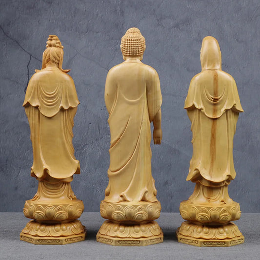 Wood Carving Buddha Figurine Amitabha Guanyin Statue Sculpture Home Living Room Decor Feng Shui Ornament Buddhist Supplies
