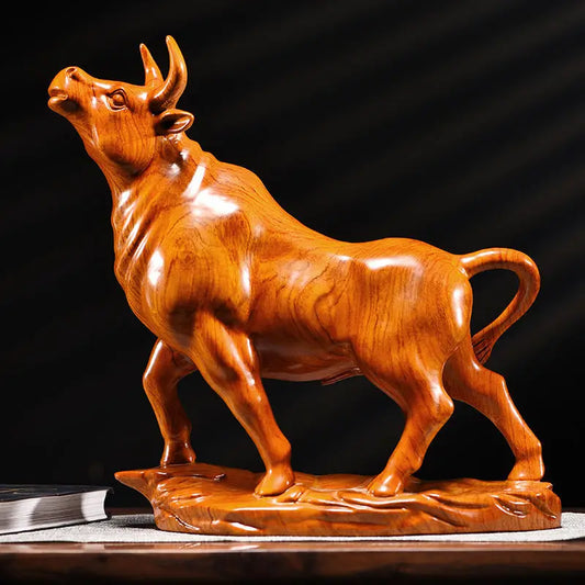 Wood Carving Bull Figurine Animal Cattle Statue Sculpture Room Decor Ornament Office Home Decoration Accessories