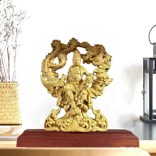 Wood Carving Dragon And Phoenix Guanyin Character Statue Solid Wood Carving Arthome Home Room Office Feng Shui Buddha Statues