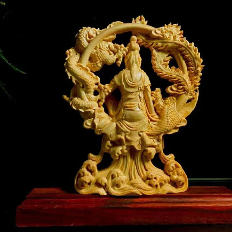 Wood Carving Dragon And Phoenix Guanyin Character Statue Solid Wood Carving Arthome Home Room Office Feng Shui Buddha Statues