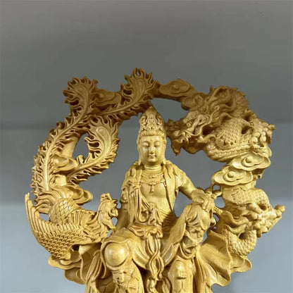 Wood Carving Dragon And Phoenix Guanyin Character Statue Solid Wood Carving Arthome Home Room Office Feng Shui Buddha Statues
