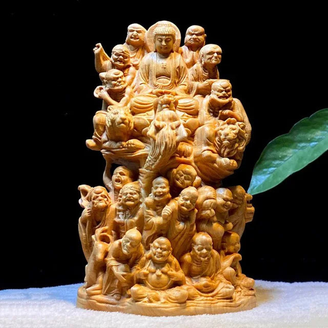 Wood Carving Eighteen Arhats Buddha Statue Pure Solid Wood Carving Home Living Room Room Wealth Art Statue Home Decor