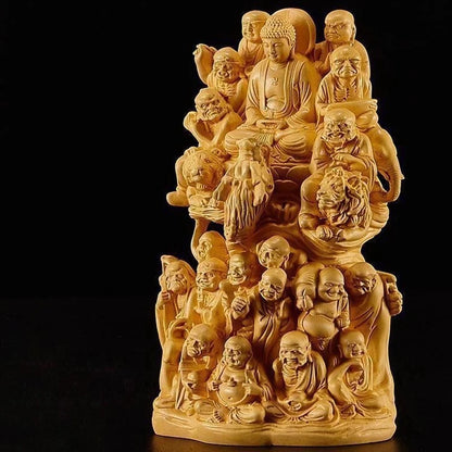 Wood Carving Eighteen Arhats Buddha Statue Pure Solid Wood Carving Home Living Room Room Wealth Art Statue Home Decor