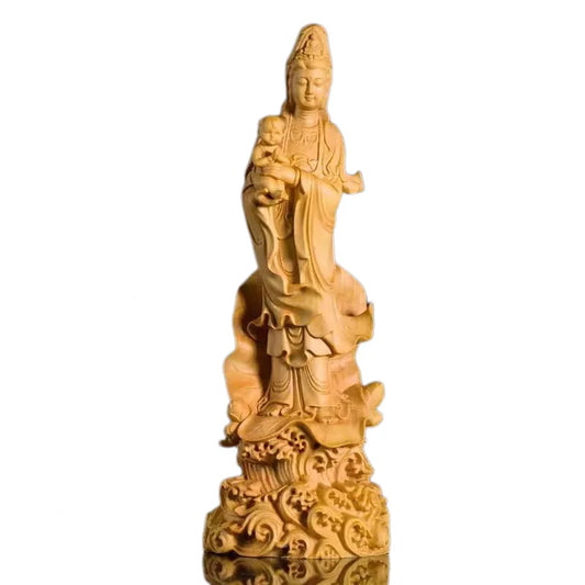 Wood Carving Figurines Songzi Guanyin Bodhisattva Small Buddhist Buddha Statue Room Decor Desk Decor Ornaments Home Decoration