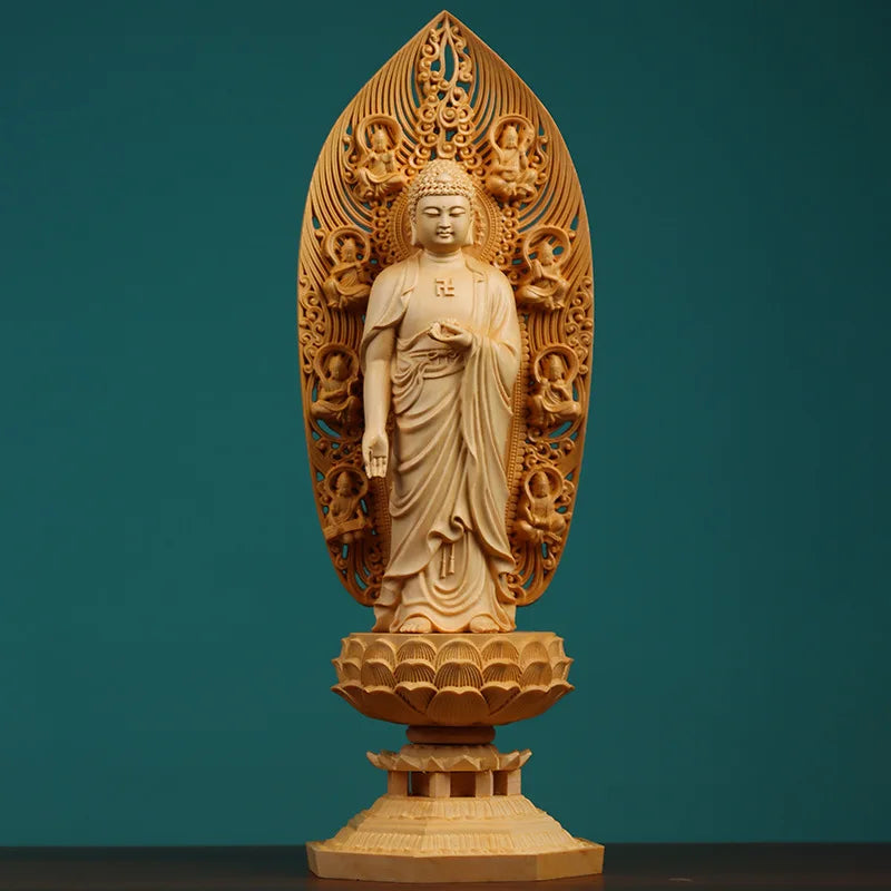 Wood Carving Guanyin, Tathagata Buddha Large size statue Solid Wood Chinese figure Buddha Home Living Room Feng Shui Statue 43cm