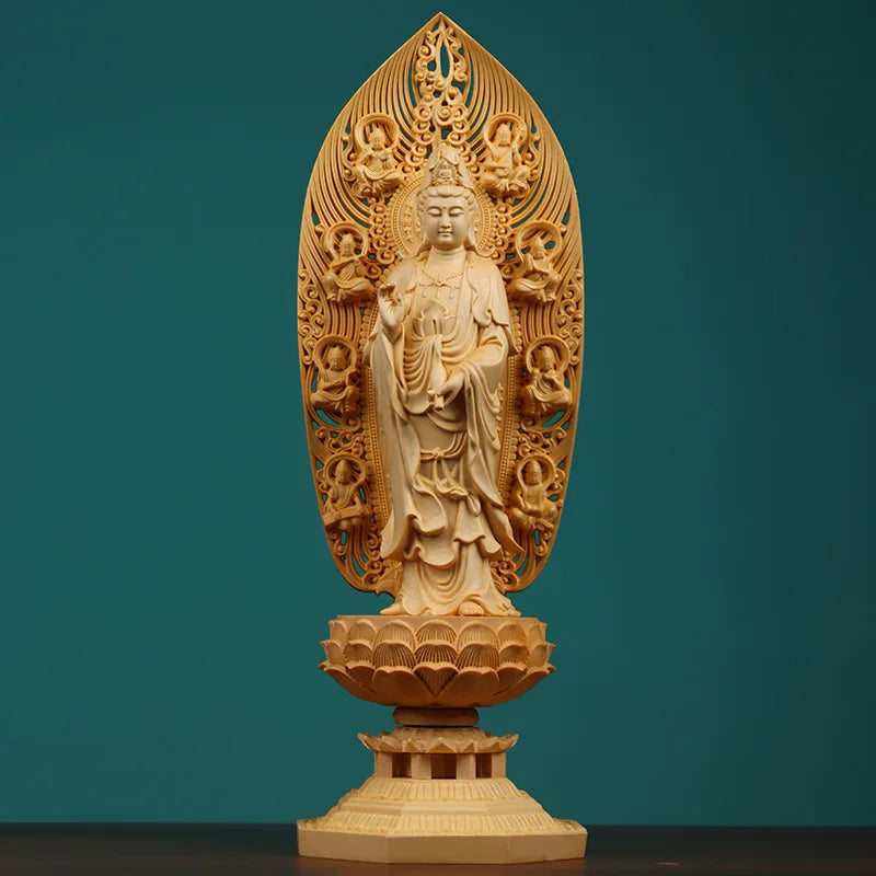 Wood Carving Guanyin, Tathagata Buddha Large size statue Solid Wood Chinese figure Buddha Home Living Room Feng Shui Statue 43cm