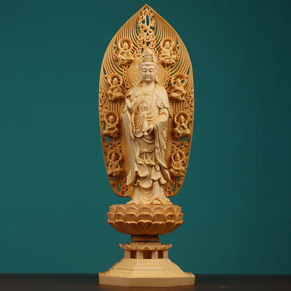 Wood Carving Guanyin, Tathagata Buddha Large size statue Solid Wood Chinese figure Buddha Home Living Room Feng Shui Statue 43cm