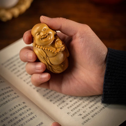 Wood Carving Maitreya Buddha Laughing Buddha Boxwood Ornaments Wood Wenwan Handicraft Home Decoration
