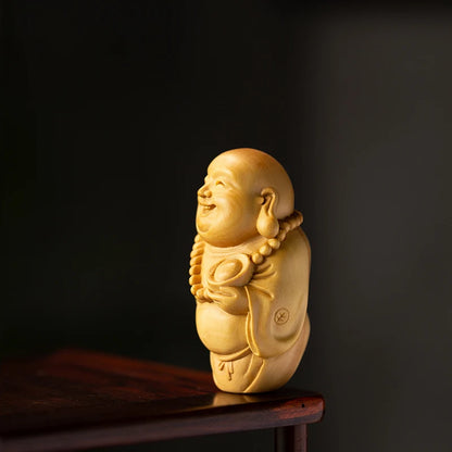 Wood Carving Maitreya Buddha Laughing Buddha Boxwood Ornaments Wood Wenwan Handicraft Home Decoration