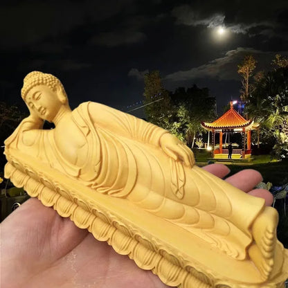 Wood Carving Sakyamuni Sleeping Buddha Statue Solid Wood Art Carving Home Living Room, Room Office Feng Shui Statues