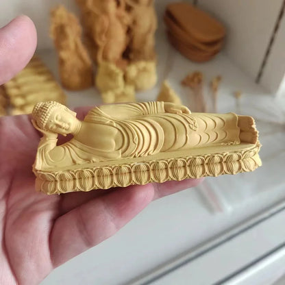 Wood Carving Sakyamuni Sleeping Buddha Statue Solid Wood Art Carving Home Living Room, Room Office Feng Shui Statues