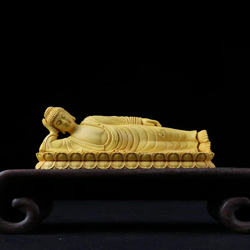 Wood Carving Sakyamuni Sleeping Buddha Statue Solid Wood Art Carving Home Living Room, Room Office Feng Shui Statues