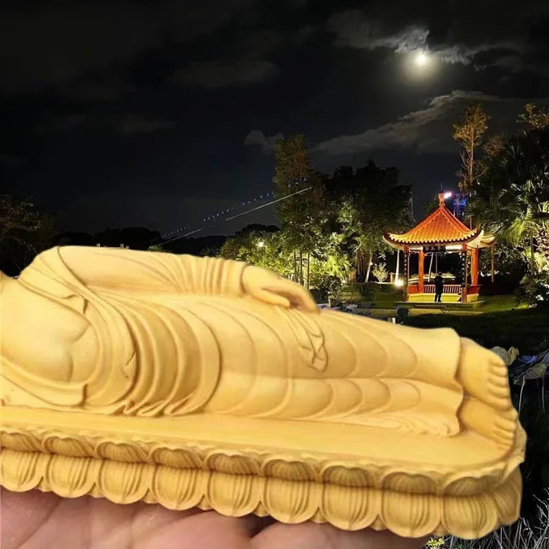 Wood Carving Sakyamuni Sleeping Buddha Statue Solid Wood Art Carving Home Living Room, Room Office Feng Shui Statues