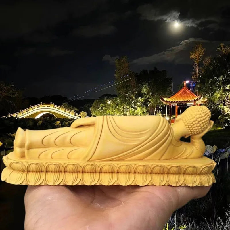 Wood Carving Sakyamuni Sleeping Buddha Statue Solid Wood Art Carving Home Living Room, Room Office Feng Shui Statues