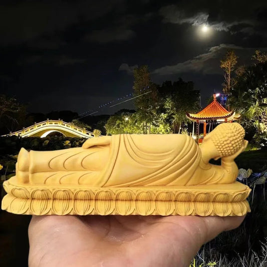 Wood Carving Sakyamuni Sleeping Buddha Statue Solid Wood Art Carving Home Living Room, Room Office Feng Shui Statues