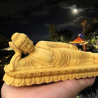 Wood Carving Sakyamuni Sleeping Buddha Statue Solid Wood Art Carving Home Living Room, Room Office Feng Shui Statues