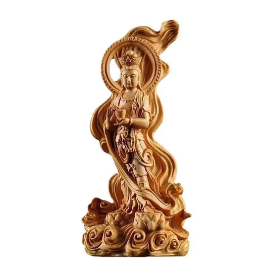 Wood Carving Sea-crossing Guanyin Bodhisattva Figurine Chinese Buddha Statue Home Living Room Decoration Sculpture