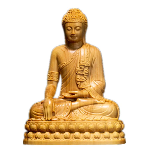 Wood Carving Shakyamuni Buddha Figurine Small Statue Aesthetic Room Decor Crafts Home Decoration Collection Ornaments 10cm