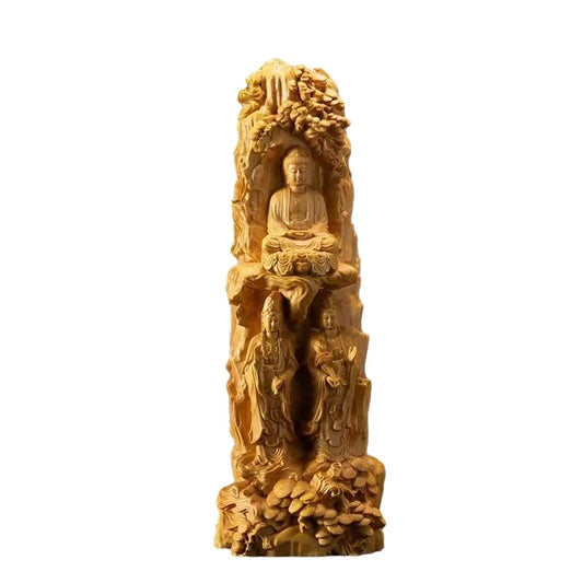 Wood Carving The Three Saints Buddha Figurine Room Decor Amitabha Guanyin Statue Sculpture Carving Crafts Ornament Gift