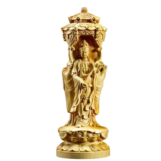 Wood Carving Three Sided Buddha Figurine of Three Saints Guanyin Amitabha Statue Sculpture Home Living Room Decor Ornament