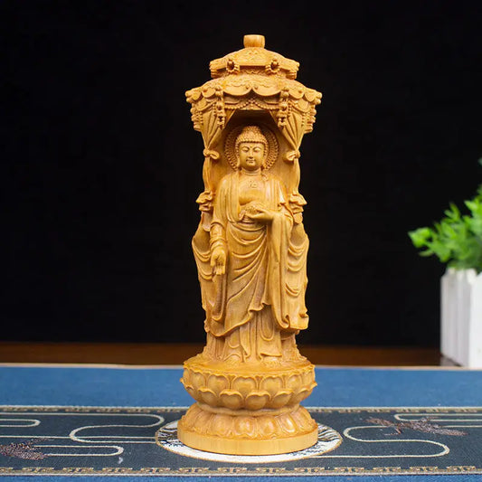 Wood Carving Three Sided Buddha Figurine of Three Saints Guanyin Amitabha Statue Sculpture Home Living Room Decor Ornament