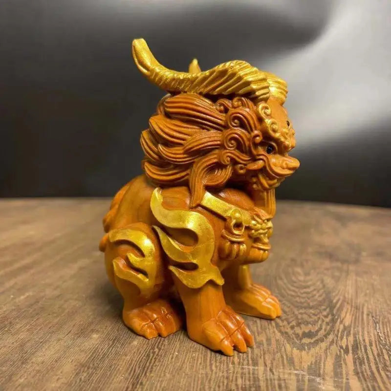 Wood Carving Three-eyed Kirin God Beast Statue Chinese Mythical Animals Home Room Office Features Feng Shui Decorative Statue