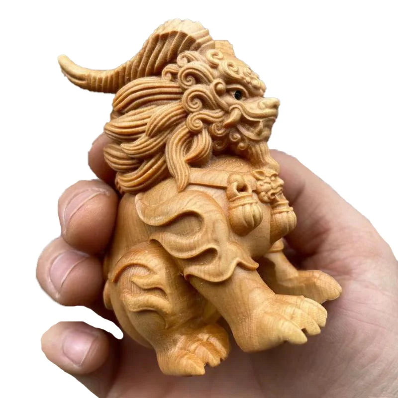 Wood Carving Three-eyed Kirin God Beast Statue Chinese Mythical Animals Home Room Office Features Feng Shui Decorative Statue