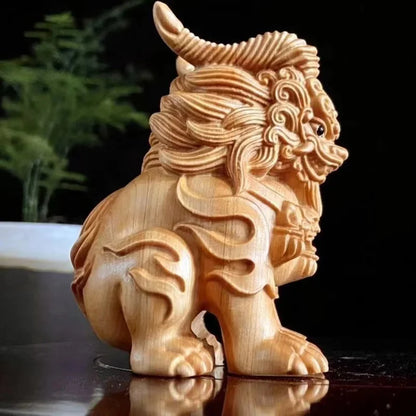 Wood Carving Three-eyed Kirin God Beast Statue Chinese Mythical Animals Home Room Office Features Feng Shui Decorative Statue