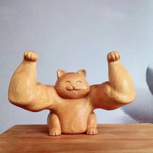 Wood Carving Vigorously Fortune kitten Statue Solid Wood Art Carving Lovely Home Room, Office Shop Figurine Free delivery