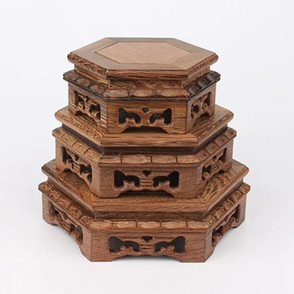 Wood Carving hexagon Base Vase Teapot Flower Vases Crafts Decoration Jade Stone Wooden Base