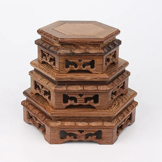 Wood Carving hexagon Base Vase Teapot Flower Vases Crafts Decoration Jade Stone Wooden Base