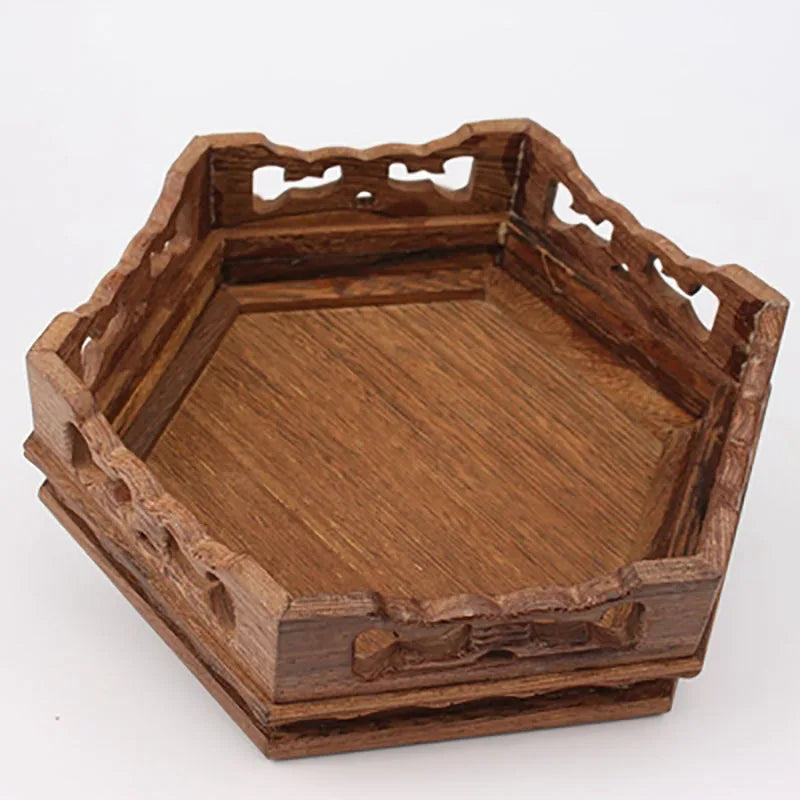 Wood Carving hexagon Base Vase Teapot Flower Vases Crafts Decoration Jade Stone Wooden Base