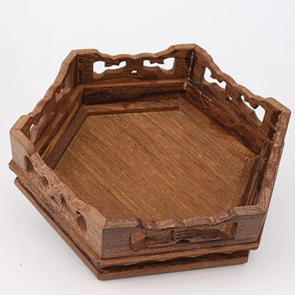 Wood Carving hexagon Base Vase Teapot Flower Vases Crafts Decoration Jade Stone Wooden Base