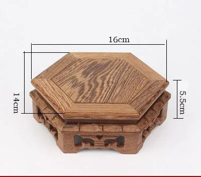 Wood Carving hexagon Base Vase Teapot Flower Vases Crafts Decoration Jade Stone Wooden Base
