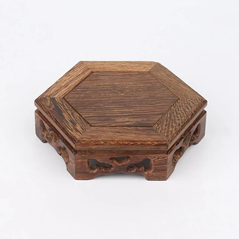 Wood Carving hexagon Base Vase Teapot Flower Vases Crafts Decoration Jade Stone Wooden Base