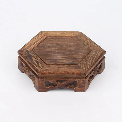 Wood Carving hexagon Base Vase Teapot Flower Vases Crafts Decoration Jade Stone Wooden Base