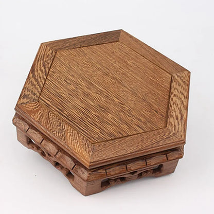 Wood Carving hexagon Base Vase Teapot Flower Vases Crafts Decoration Jade Stone Wooden Base