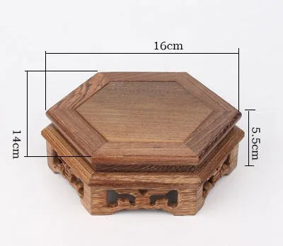 Wood Carving hexagon Base Vase Teapot Flower Vases Crafts Decoration Jade Stone Wooden Base