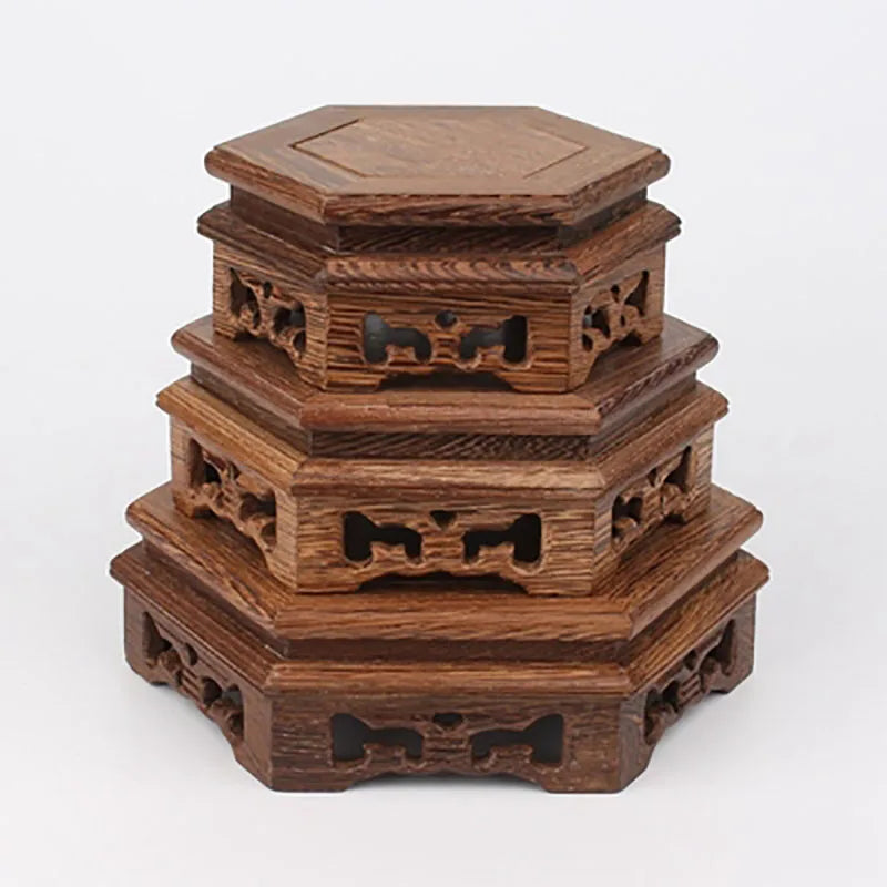 Wood Carving hexagon Base Vase Teapot Flower Vases Crafts Decoration Jade Stone Wooden Base