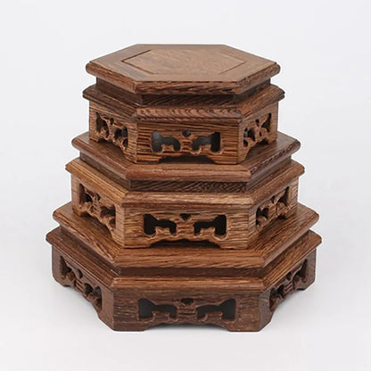 Wood Carving hexagon Base Vase Teapot Flower Vases Crafts Decoration Jade Stone Wooden Base